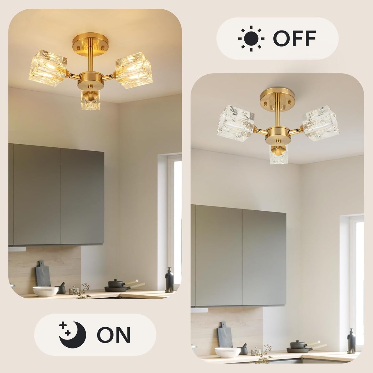 Yunnix Semi Flush Mount Ceiling Light 3 Lights Crystal Chandeliers Gold Ceiling Light Modern Ceiling Light for Bedroom Kitchen Hallway Bathroom Entryway Dining Room Living Room