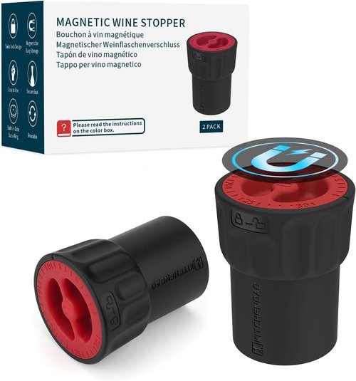 KITCHENDAO Magnetic Wine Stopper, Double-Layer Secure Seal with Date Marker, Twist -Lock Design Reusable Wine Bottle Stopper Sealer, Fits Most Wine Bottles Including Screw Top, Set of 2