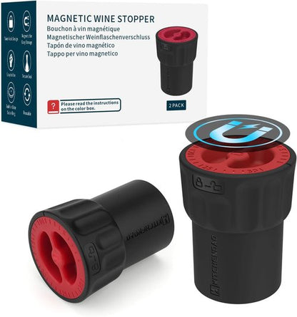 KITCHENDAO Magnetic Wine Stopper, Double-Layer Secure Seal with Date Marker, Twist -Lock Design Reusable Wine Bottle Stopper Sealer, Fits Most Wine Bottles Including Screw Top, Set of 2