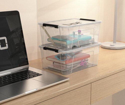 Clear 9-Pack Plastic Storage Bins - Stackable 6 Quart Containers with Lids & Latch Buckle