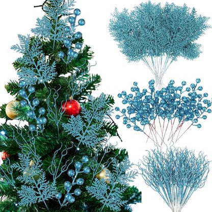 Light Blue Christmas Tree Picks 75 Pcs Glitter Berry & Pine Stems - Holiday Decor