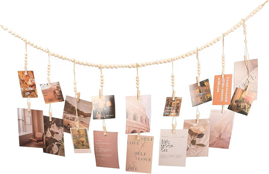 Skiennix Hanging Photo Display - 18 Wood Clips & Boho Wooden Bead Wall Décor for Bedroom & Living Room