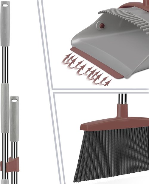 Ivandar Broom and Dustpan Combo Set - 50.6-Inch Long Handle for Effortless Cleaning | Brown and Gray