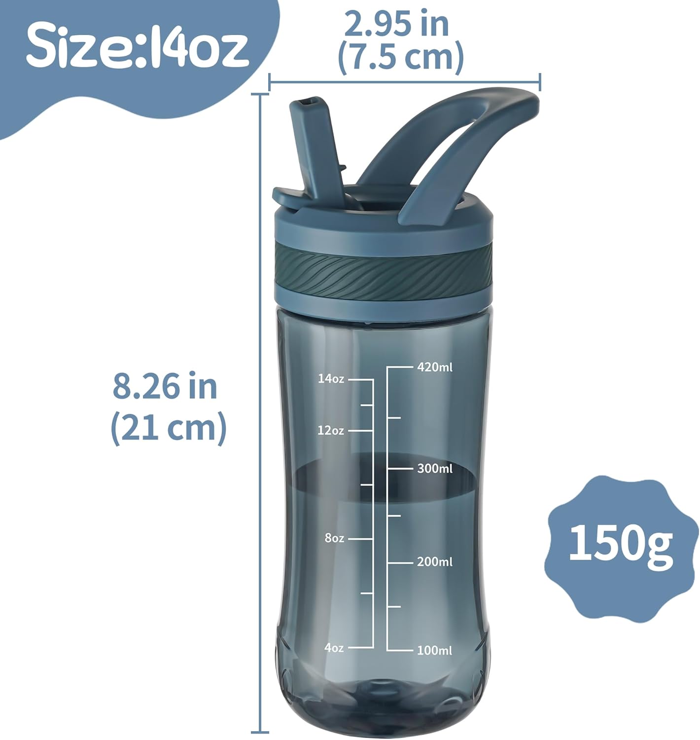 Skiennix Kids Clear Water Bottle - 14oz Leakproof Tritan Design with Flip Straw & Carry Handle - Dark Blue
