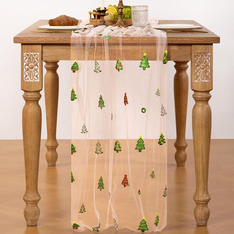 Christmas Tree Embroidered Table Runner 120 Inch - Santaben, 1 Pack (Variation: Christmas Tree+1 Pack)