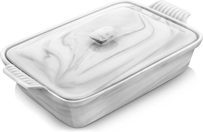 MALACASA Casserole Dish - 3.4 Quart Deep Ceramic Bakeware With Lid | Microwave & Oven Safe, Grey