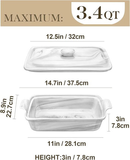 MALACASA Casserole Dish - 3.4 Quart Deep Ceramic Bakeware With Lid | Microwave & Oven Safe, Grey