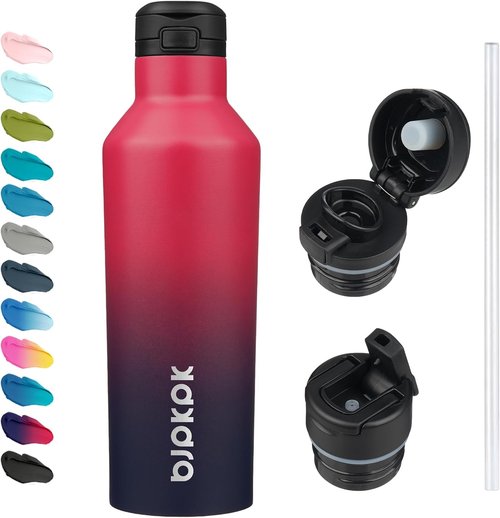 BJPKPK Insulated Water Bottle - 25oz Stainless Steel With Straw & Carry Handle | Charming Black Red