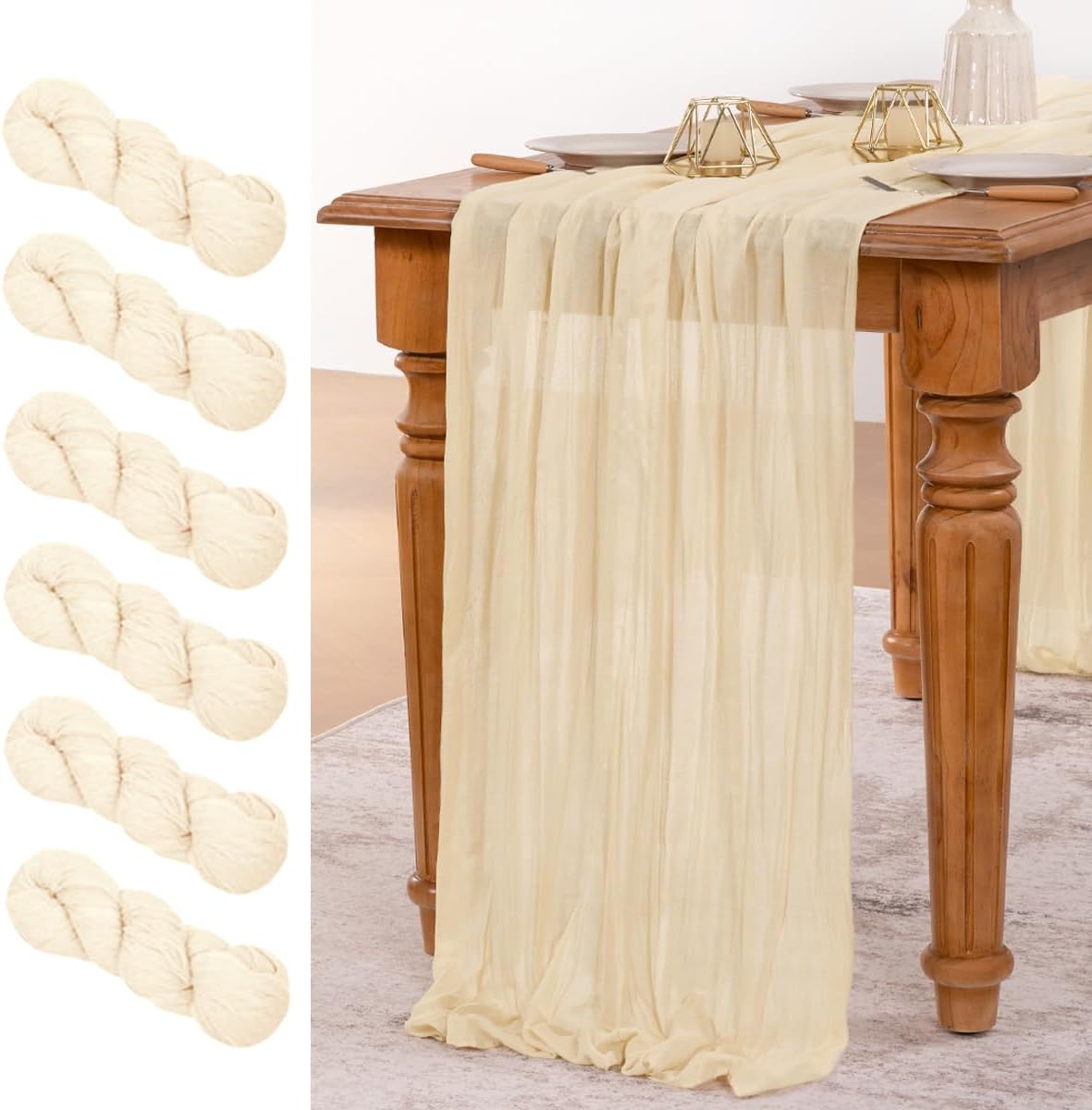 MLMW 6 Pack Beige Cheesecloth Table Runner - Boho Rustic Decor | 160 Inch for Weddings & Events