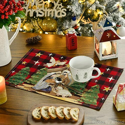 Christmas Placemat Set of 4 - 12x18 Inch Buffalo Plaid Holiday Table Mats