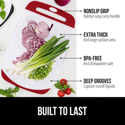 The Original Gorilla Grip Oversized 100% BPA Free Reversible Durable Kitchen Cutting Board Set of 3, Juice Grooves, Dishwasher Safe, Easy Grip Handle Border, Food Chopping Boards, Cooking, Red