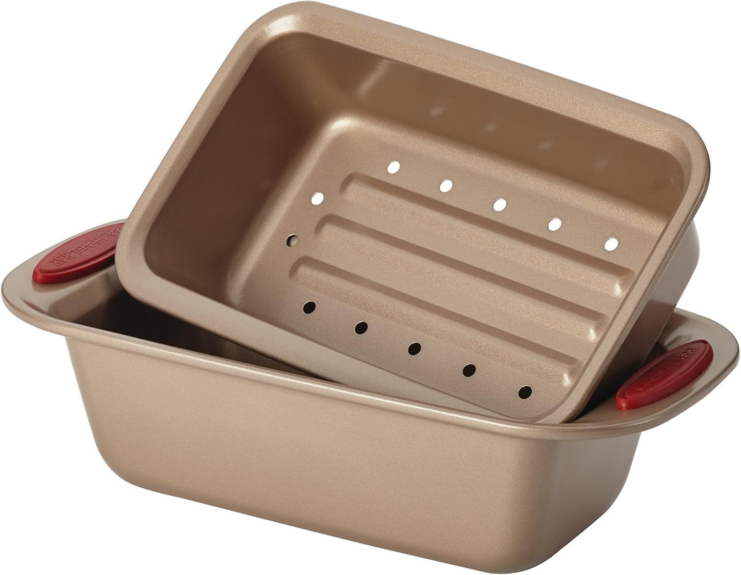 Rachael Ray Cucina Nonstick Bakeware Set - 10-Piece Baking Essentials in Latte Brown with Cranberry Red Grips