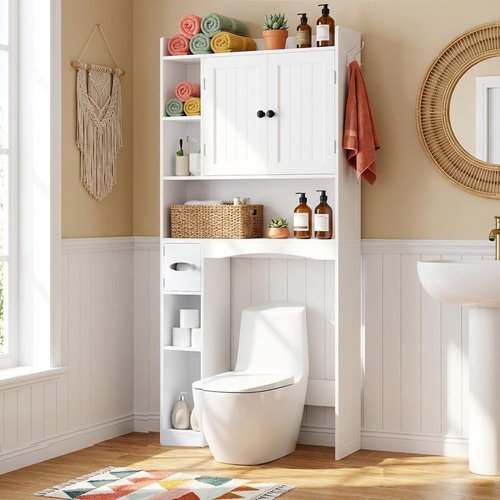 Gizoon Over The Toilet Storage Cabinet - 66'' Tall Bathroom Organizer with 2 Doors & Adjustable Shelf | White