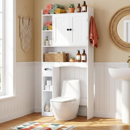 Gizoon Over The Toilet Storage Cabinet - 66'' Tall Bathroom Organizer with 2 Doors & Adjustable Shelf | White