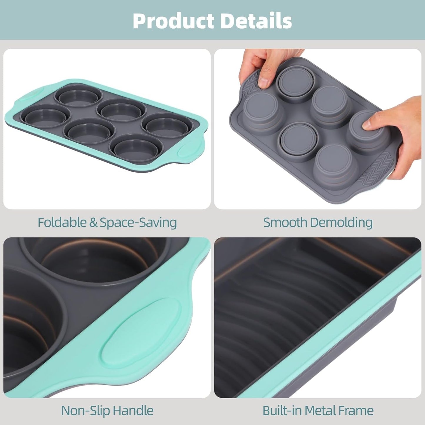 Skiennix Silicone Baking Pan Set - 4PCS Nonstick Kitchen Bakeware with Grip Handles & Metal Frame