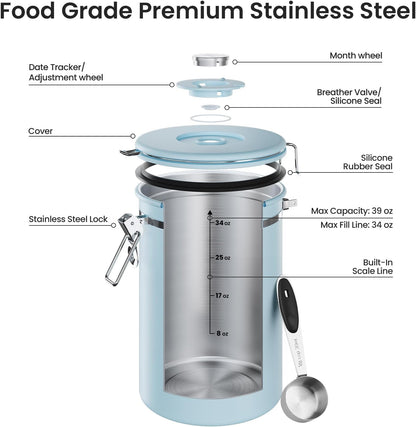 Veken Coffee Canister - 39oz Airtight Stainless Steel Storage for 2.2lbs Coffee, Tea & Sugar | Blue
