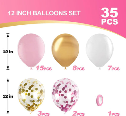 Skiennix Pink Gold Confetti Latex Balloons - 35 Pcs 12 Inch Pink & White Balloons for Birthday & Baby Shower Decor