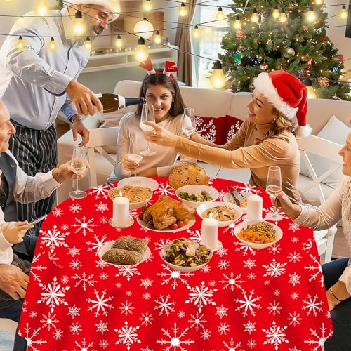 12 Pack Christmas Snowflake Tablecloths - Red & White, 80 Inch Round Plastic Holiday Table Cover - Winter Party Decor