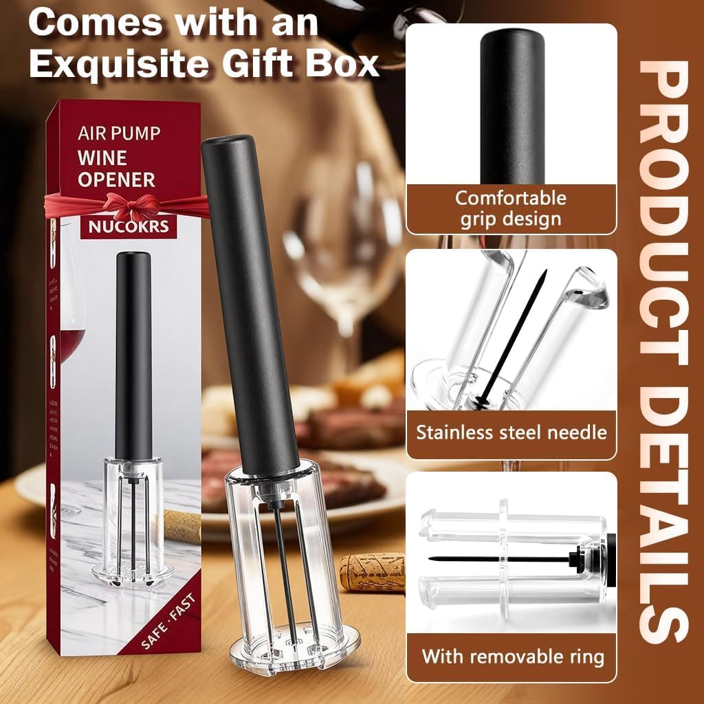 Wine Opener, NUCOKRS Effortlessly Air Pressure Corkscrew, Opens Bottles in 3-7 Pumps, No Electricity, Easy to Use, Gift for Wine Lovers