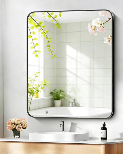 DMWOODFL 36"x24" Wall Mounted Bathroom Vanity Mirror, Rounded Rectangle Matte Black Metal Frame Mirror, Anti-Rust Tempered Glass, Horizontal Vertical Hanging Modern Farmhouse Mirror for Bathroom