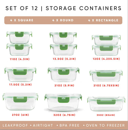 JoyJolt JoyFul 24pc Borosilicate Glass Storage Containers with Lids. 12 Airtight, Freezer Safe Food Storage Containers, Pantry Kitchen Storage Containers, Glass Meal Prep Container for Lunch