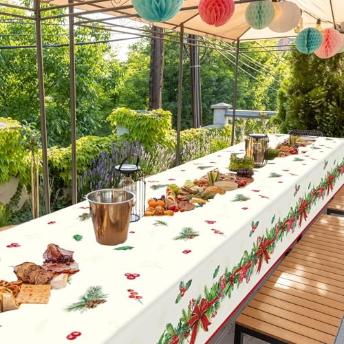 Christmas Tablecloth Holly and Pine Cone Waterproof Holiday Table Cover 108x54 Inch - 3 Pieces