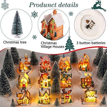 Christmas Houses Village and Mini Trees LED Light Set - 24 Pcs Holiday Decor
