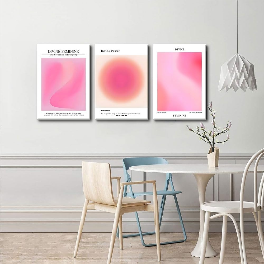 Trendy Aesthetic Canvas Wall Art - Set of 3 Pink Gradient Aura Angel Prints | Framed 12x16 Inch Room Decor