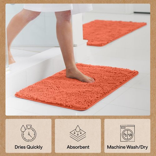 GORILLA GRIP Bath Rug Mat 30x20, Thick Soft Absorbent Chenille, Quick Dry Microfiber Mats, Rubber Backing Washable Shower Floor Rugs, US Designed Bathroom Bathmat Home Decor Accessories, Coral