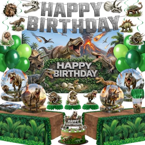 Dinosaur Party Decorations Serve 24 - Birthday Party Supplies Including Plates, Balloons & Banner