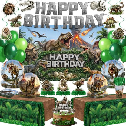Dinosaur Party Decorations Serve 24 - Birthday Party Supplies Including Plates, Balloons & Banner