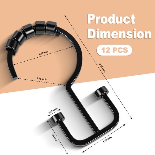 BBV Shower Curtain Hooks Rings, 12 Pcs Rust Resistant Metal Double Glide Shower Hooks for Bathroom Shower Rods Curtains(Black)
