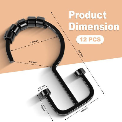 BBV Shower Curtain Hooks Rings, 12 Pcs Rust Resistant Metal Double Glide Shower Hooks for Bathroom Shower Rods Curtains(Black)