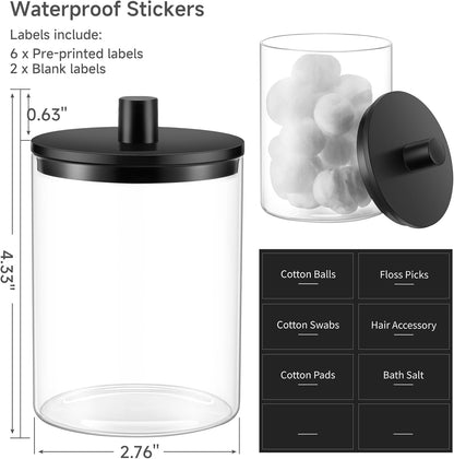 TIPGO Glass Qtip Holder Dispenser - 10 oz Clear Apothecary Jar for Cotton Swabs & Makeup Storage | 4 Pack, Black