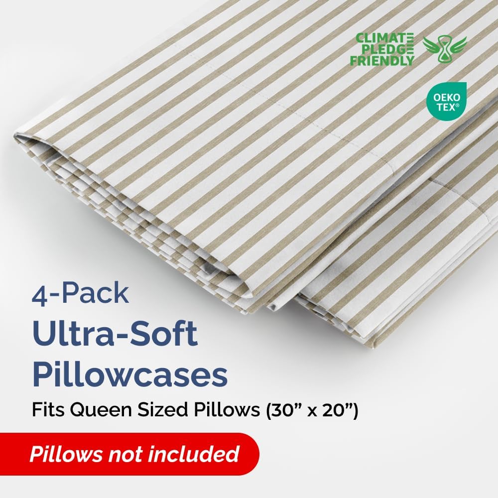Skiennix Queen Pillow Cases Set of 4 - Ultra Soft Hotel Quality Covers - Wrinkle Free & Fade Resistant - Beige Stripes