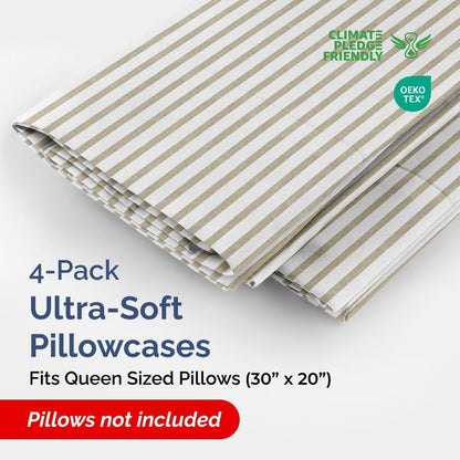 Skiennix Queen Pillow Cases Set of 4 - Ultra Soft Hotel Quality Covers - Wrinkle Free & Fade Resistant - Beige Stripes