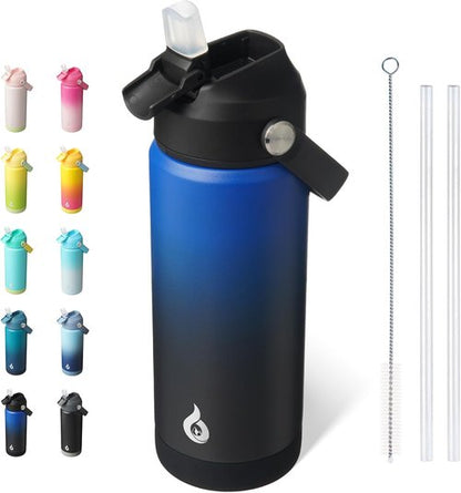BJPKPK Insulated Water Bottle - 18oz Stainless Steel with Straw Lid & Flex Handle | BPA-Free, Leak-Proof, Black/Blue