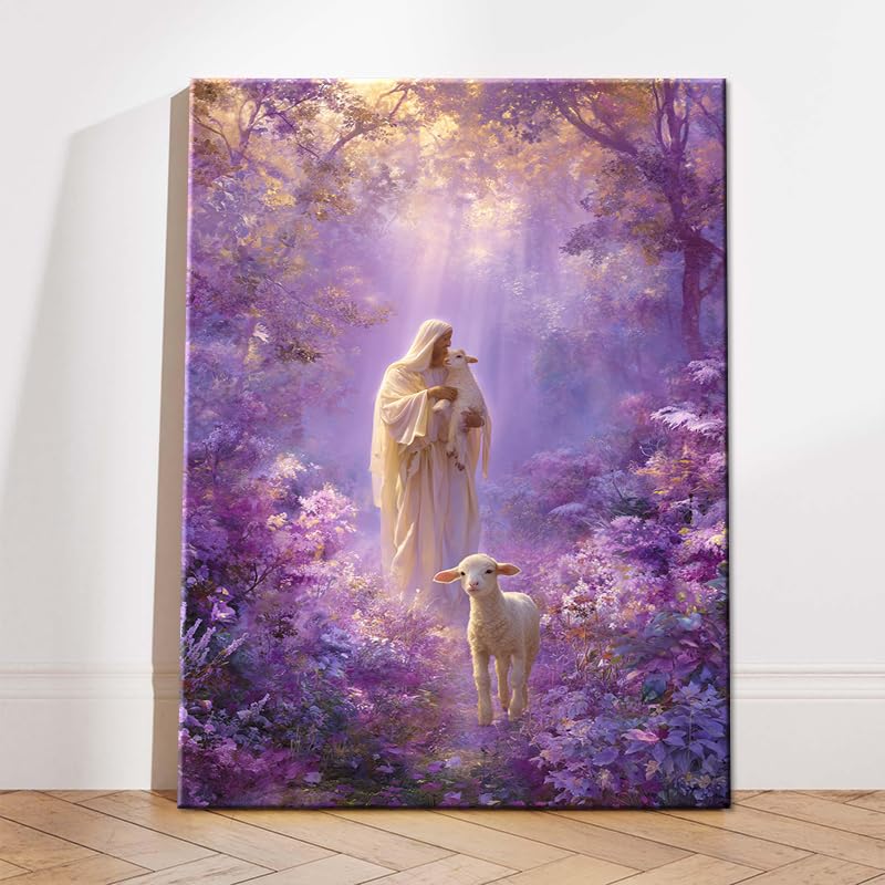 Shepherd with Lambs Purple Enchanted Forest Canvas Wall Art - 24x36 Inches