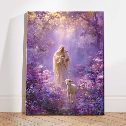 Shepherd with Lambs Purple Enchanted Forest Canvas Wall Art - 24x36 Inches