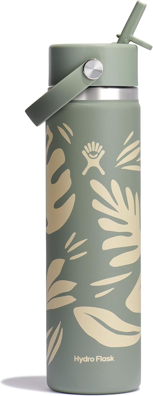 Hydro Flask Water Bottle - Insulated Stainless Steel - 24 Oz Wide Mouth with Flex Straw Lid | Botanical Bliss Agave