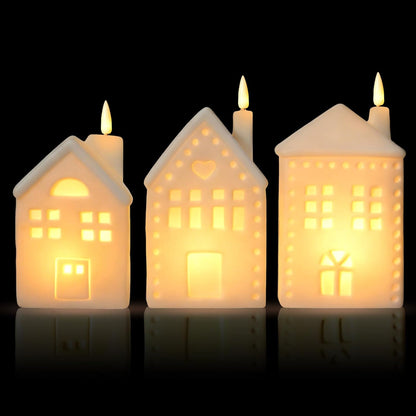 WDS WONDROUS Ceramic Christmas Village Set - Light Up Tabletop Decor | Set of 3 Flameless LED Houses