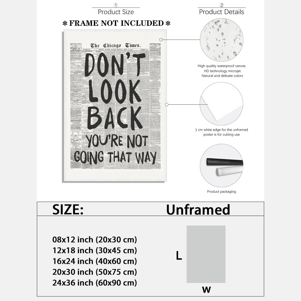 Skiennix Retro Black and White Newspaper Wall Art - "Don't Look Back" Positive Canvas Print | 12x18 Inch Unframed Aesthetic Poster for Bedroom Decor