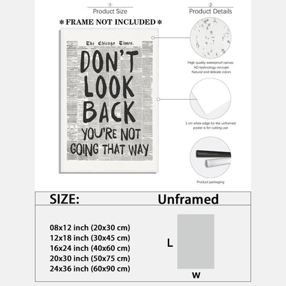 Skiennix Retro Black and White Newspaper Wall Art - "Don't Look Back" Positive Canvas Print | 12x18 Inch Unframed Aesthetic Poster for Bedroom Decor
