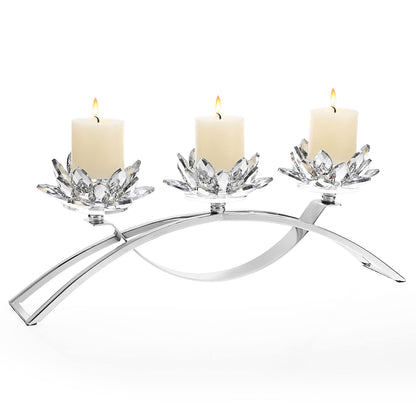 OwnMy 3 Arms Crystal Lotus Tealight Candle Holders Crystal Lotus Flower Votive Candle Stands, Decorative 3-Arms Crystal Lotus Candelabra Metal Crystal Lotus Candlestick Holder for Table Centerpiece
