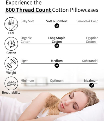 Warmstar King Size Cotton Pillow Cases - Set of 2, 600 Thread Count, Soft & Breathable, White 20x36 Inches