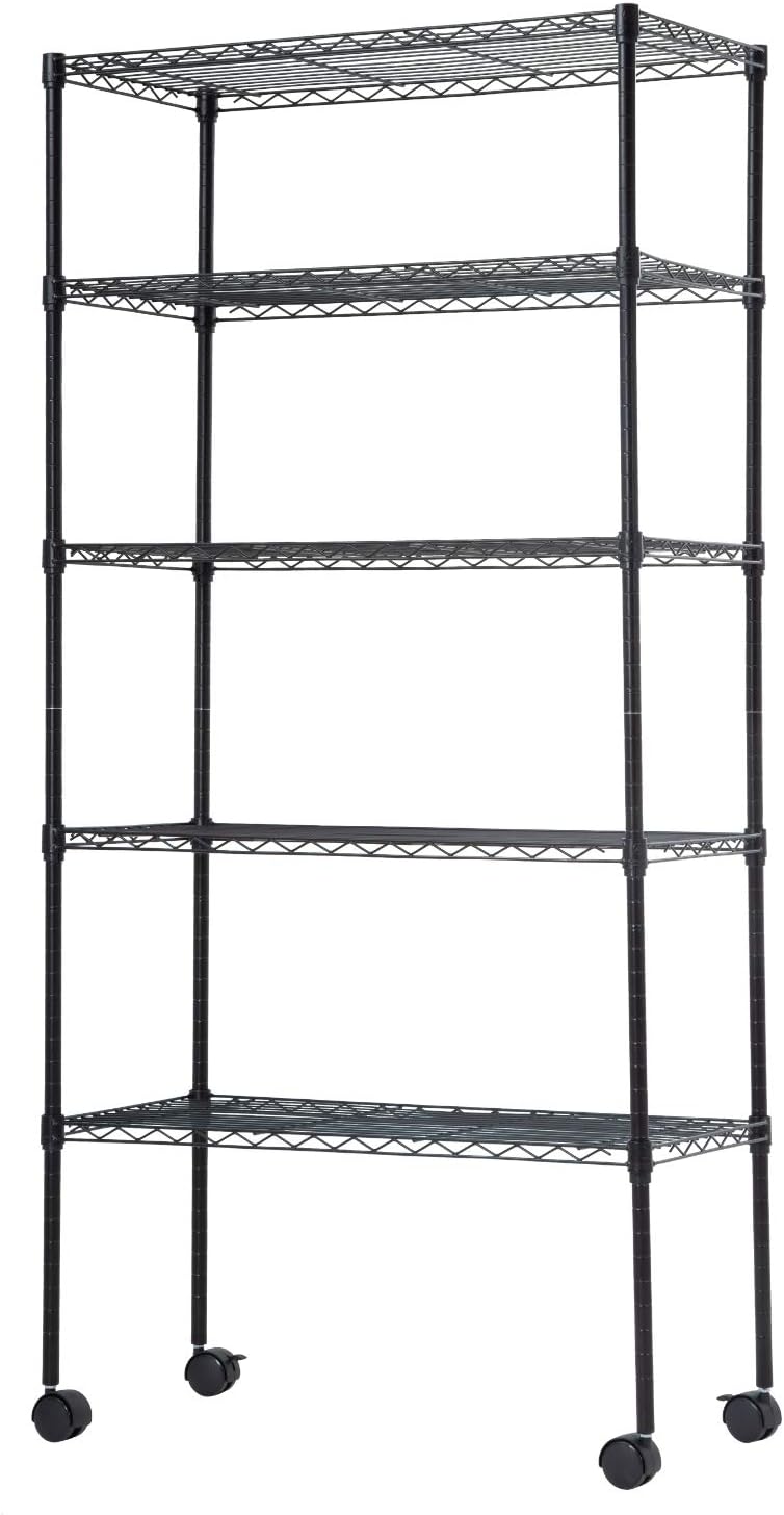 BestOffice 5-Tier Wire Storage Shelves - Adjustable Heavy-Duty Metal Rack with Wheels | 14x30x60 | Black | Holds Up to 220 lbs | No-Tool Assembly for Home & Garage