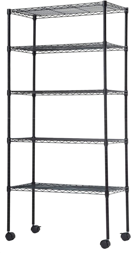 BestOffice 5-Tier Wire Storage Shelves - Adjustable Heavy-Duty Metal Rack with Wheels | 14x30x60 | Black | Holds Up to 220 lbs | No-Tool Assembly for Home & Garage