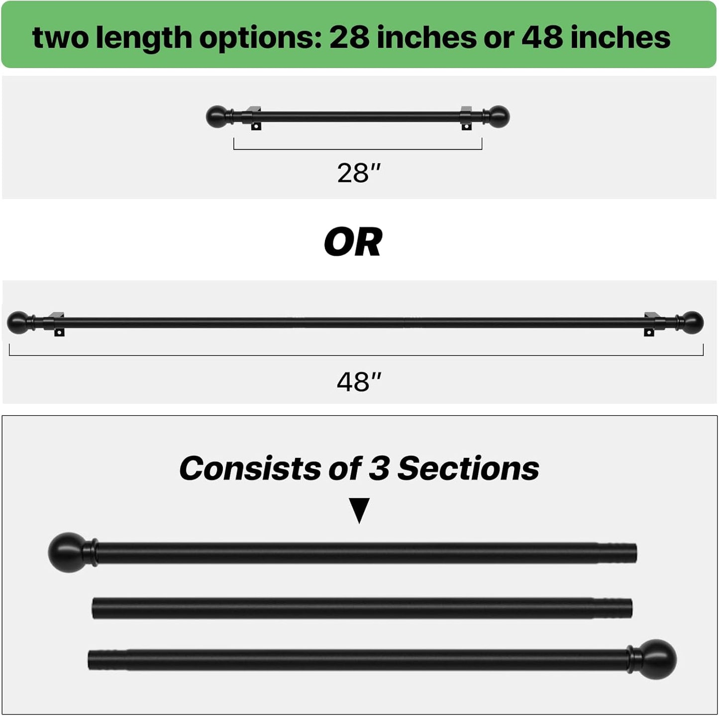 Skiennix Black Curtain Rod Set - Adjustable 28 to 48 Inch Metal Drapery Rod with Brackets | Matte Finish