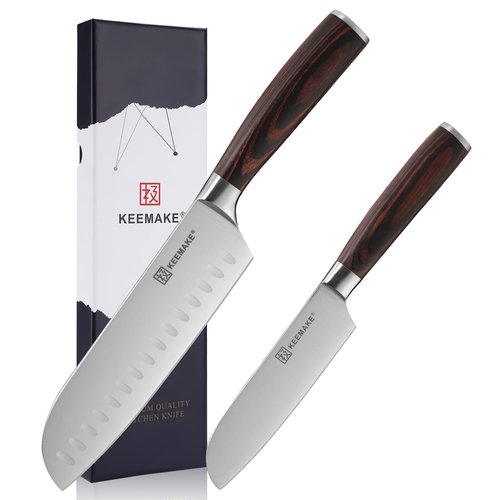 KEEMAKE Santoku Knife Set of 2pcs, Japanese Chef Knife Sets with German High Carbon Stainless Steel 1.4116 Kitchen Knives, Pakkawood Handle Knife for Kitchen