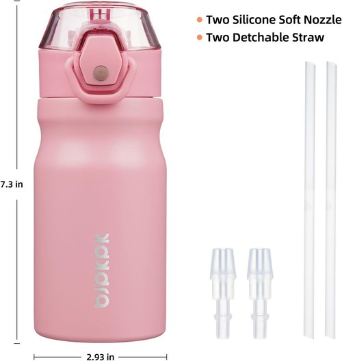 BJPKPK Stainless Steel Insulated Water Bottle - 14oz Reusable Thermal Flask with Straw Lid | Light Pink